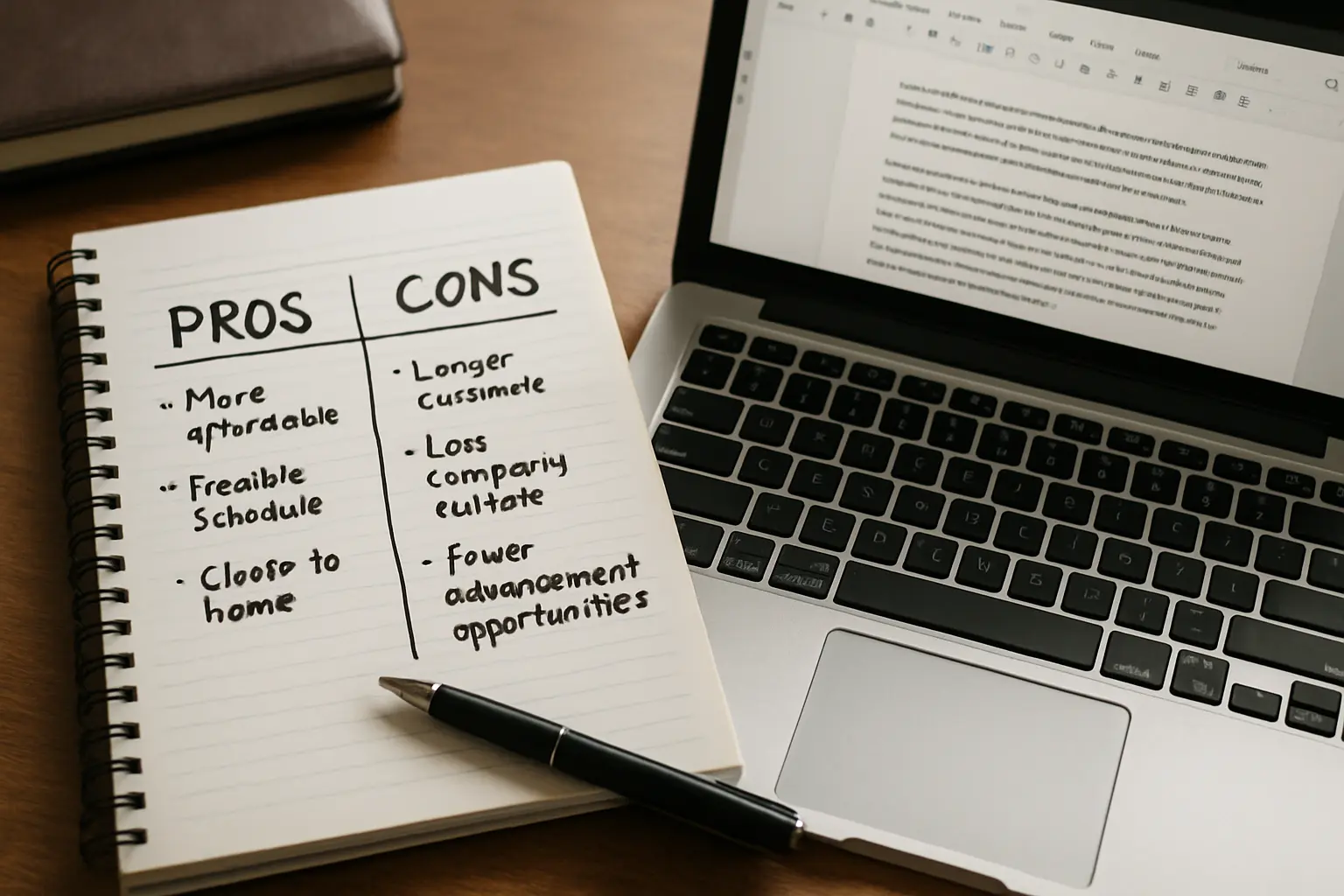 A handwritten pros and cons checklist beside a laptop showing a document editor