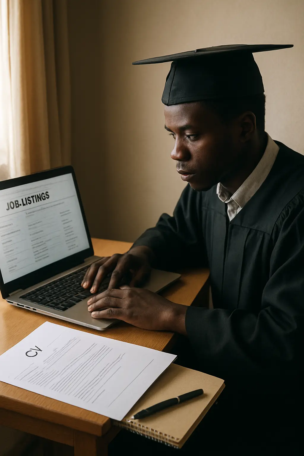 A recent Nigerian graduate scrolling job listings on a laptop with a printed CV beside the keyboard