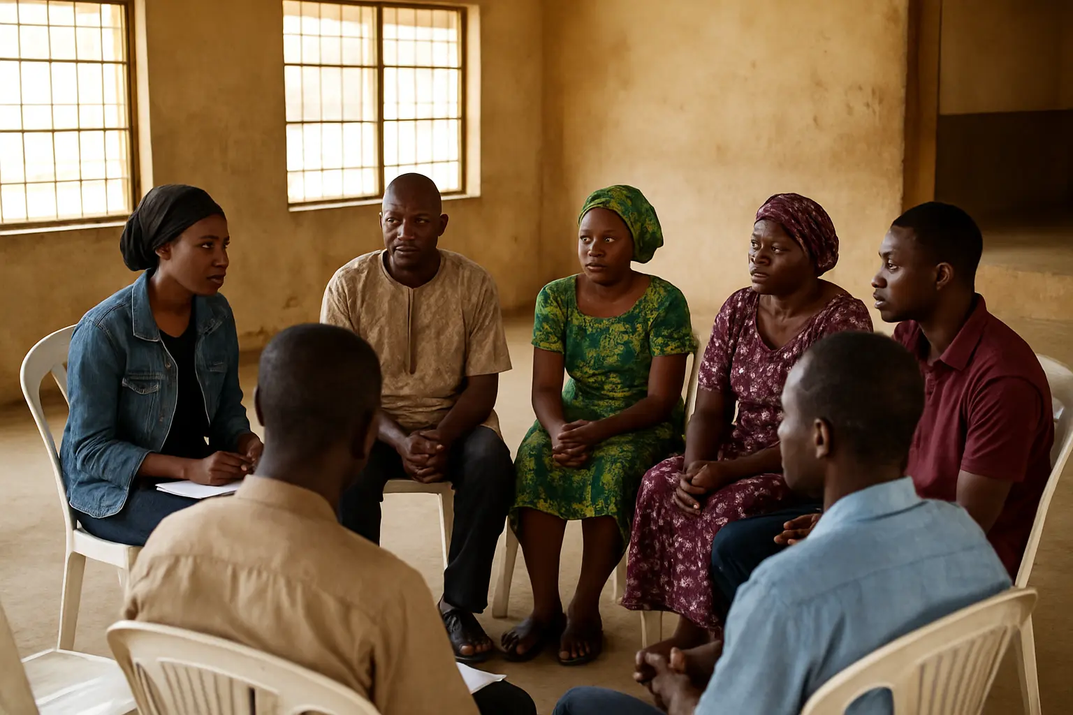 Seven Nigerian participants seated in a circle for a focus group discussion led by a student moderator