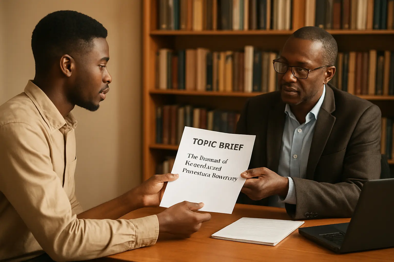 A Nigerian student handing a single-page topic brief to a supervisor reading it in a university office