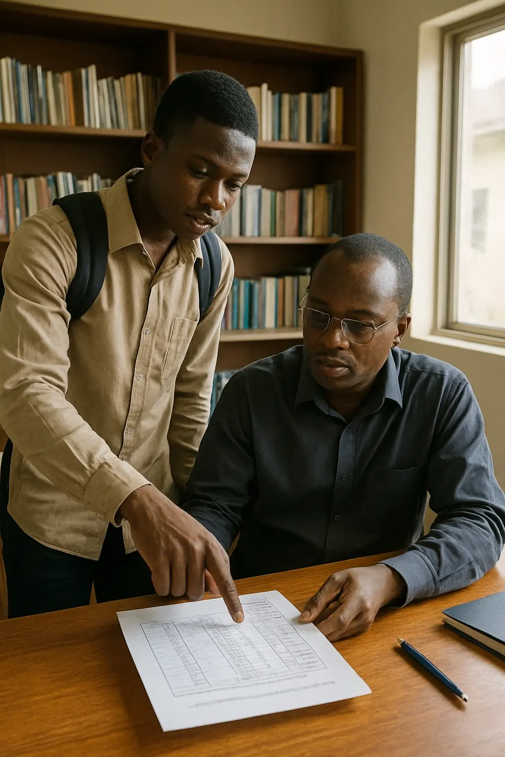 A Nigerian student explaining a results table to a seated project supervisor