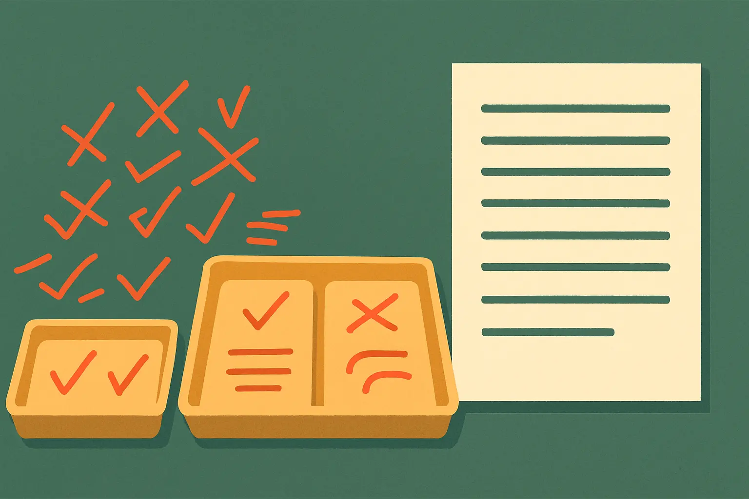 Flat vector illustration of scattered corrections being sorted into categories before rewriting