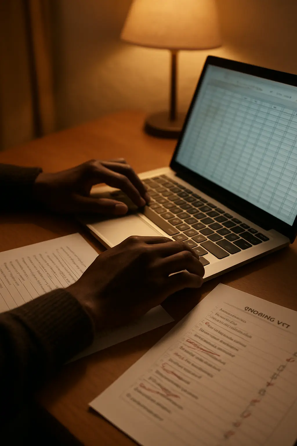 A Nigerian psychology student scoring completed validated scales into a spreadsheet with a reversed-item key beside the laptop