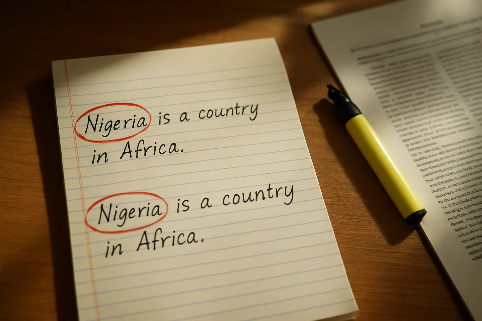 A Nigerian student comparing two versions of the same sentence in a project chapter, one word circled in each