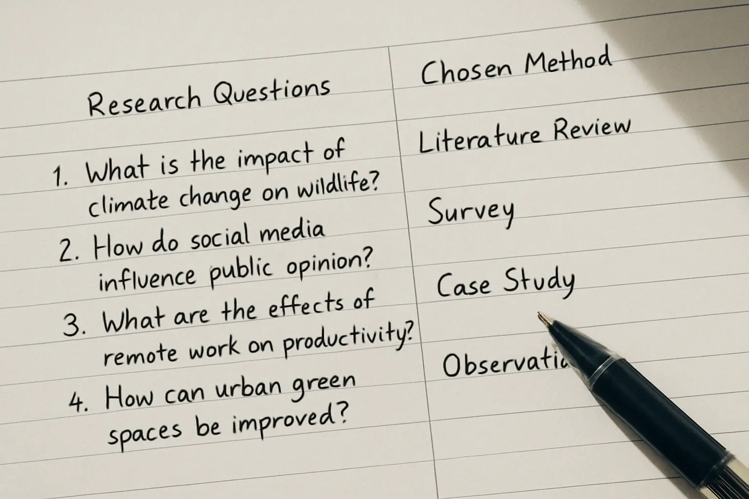A two-column handwritten sheet pairing each research question with the test chosen for it