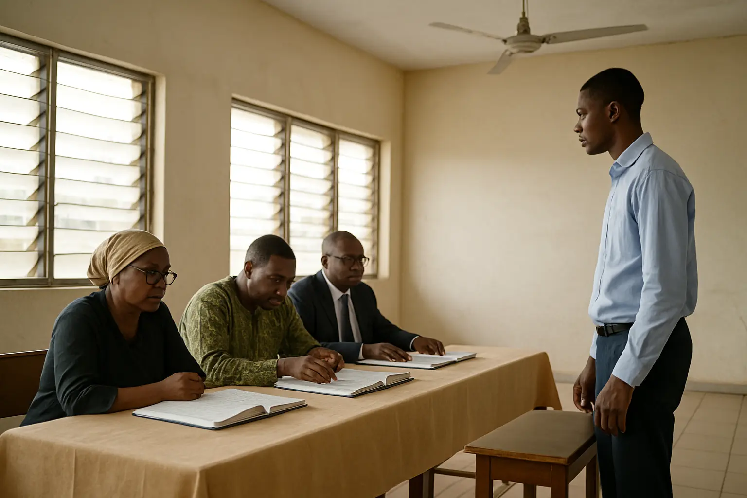 A project defence panel reading a conclusion page while the student stands at the front of the room