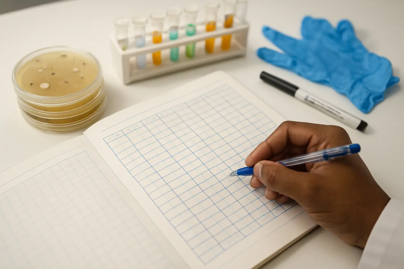 A Nigerian student recording colony counts and biochemical test results in a ruled laboratory notebook beside culture plates