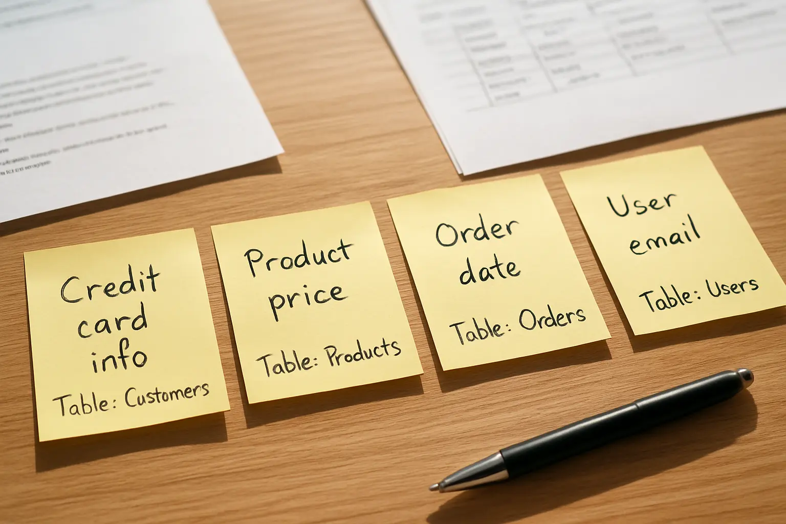 Sticky notes laid out in a row, each carrying one research question and the table that answers it