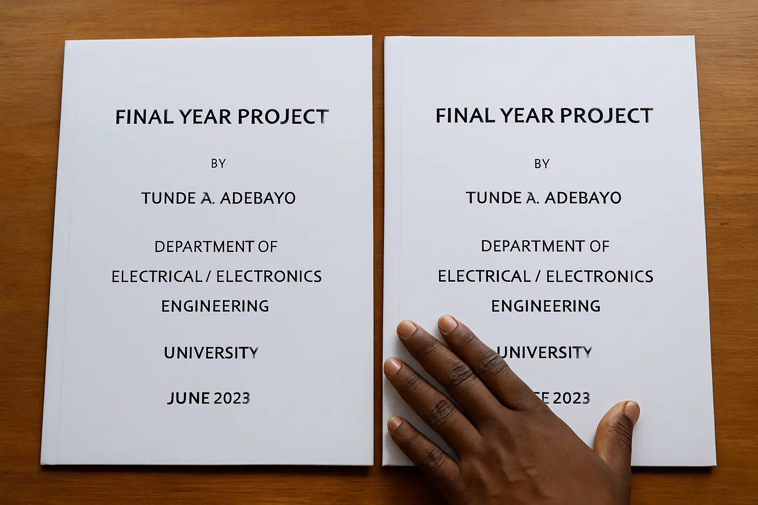 Two identical photocopied final year project documents side by side on a desk being compared