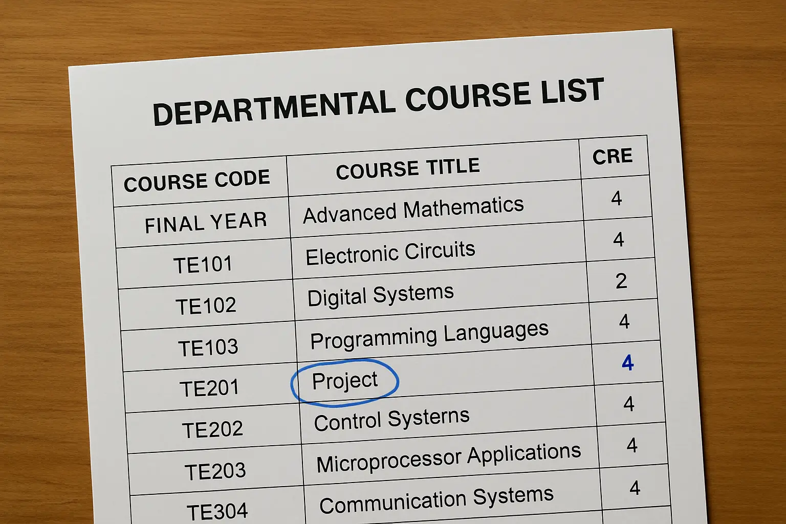 A departmental course list with the project course code and its credit unit figure circled in pen