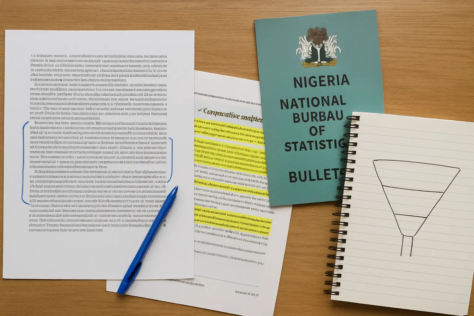 Desk flat lay showing sources narrowing from national statistics to a single local study