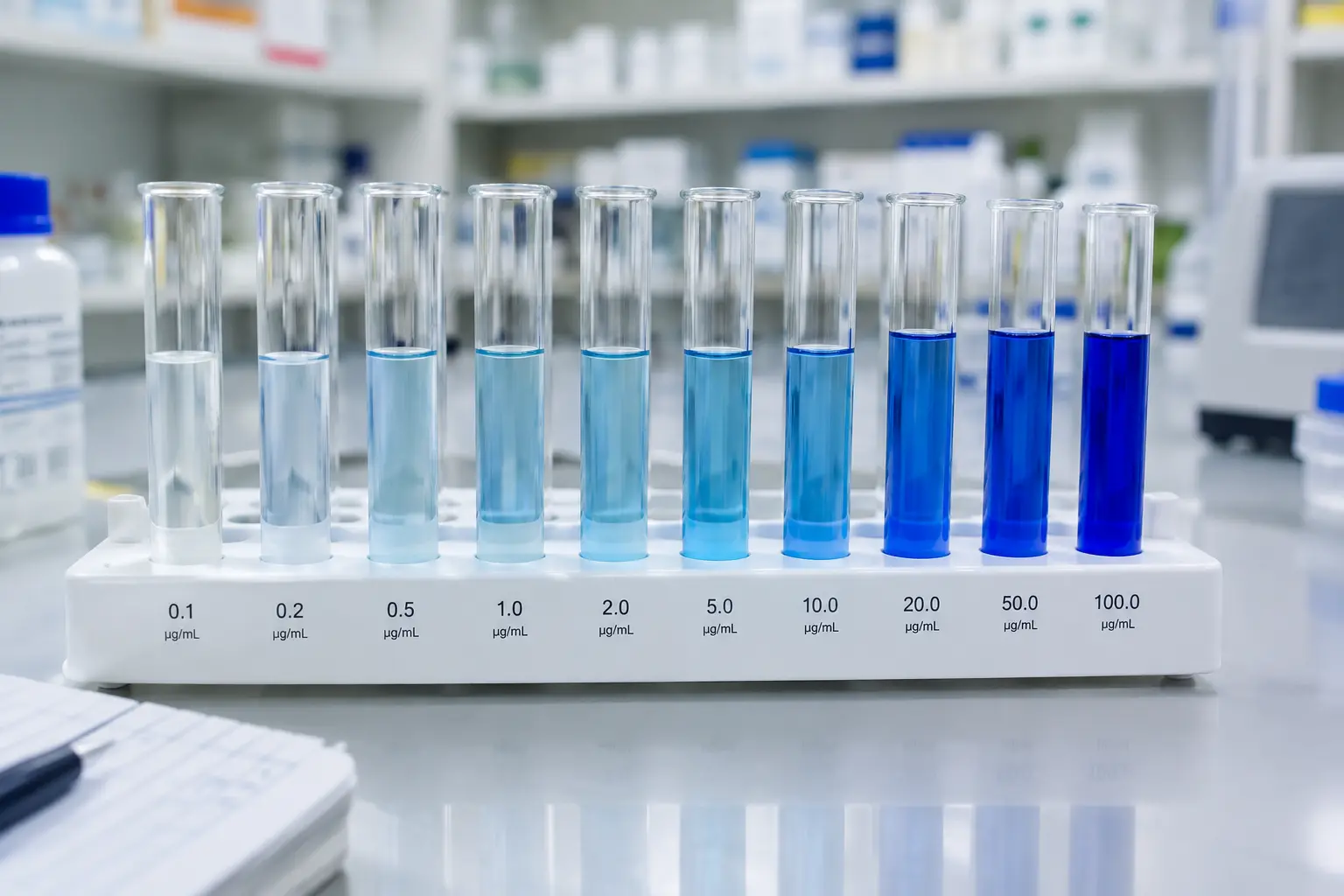 A rack of test tubes in a concentration gradient series for a dose-response assay