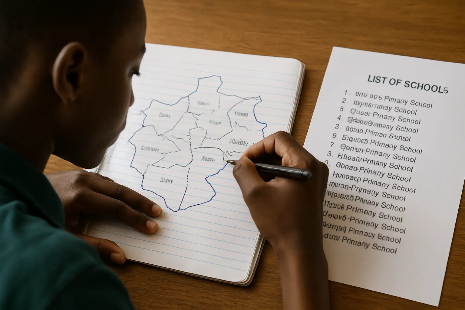 A student drawing the geographical boundary of a study on a sketched local government map