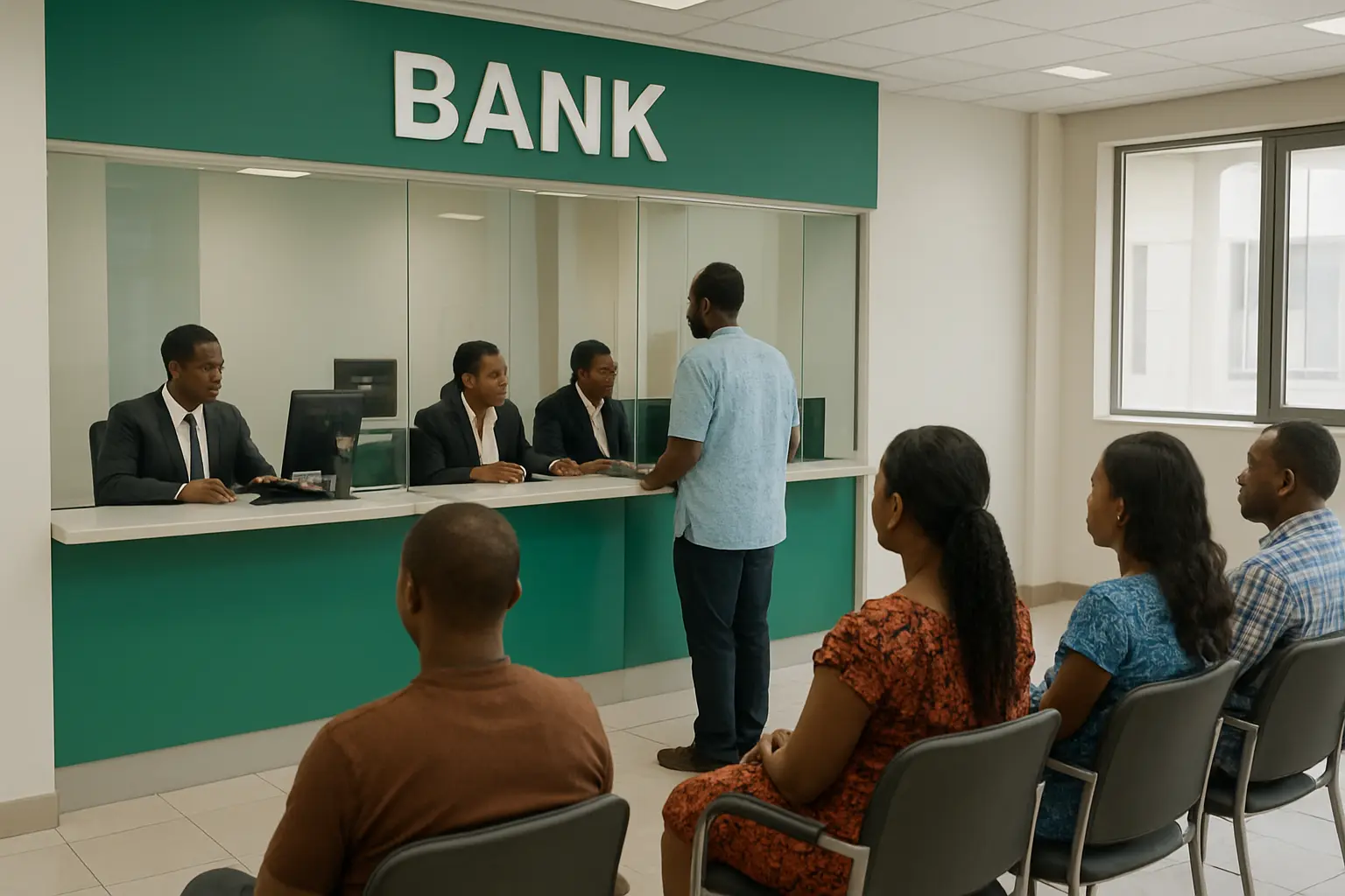 Bank branch office in Nigeria with staff at their desks, illustrating a business administration case study site
