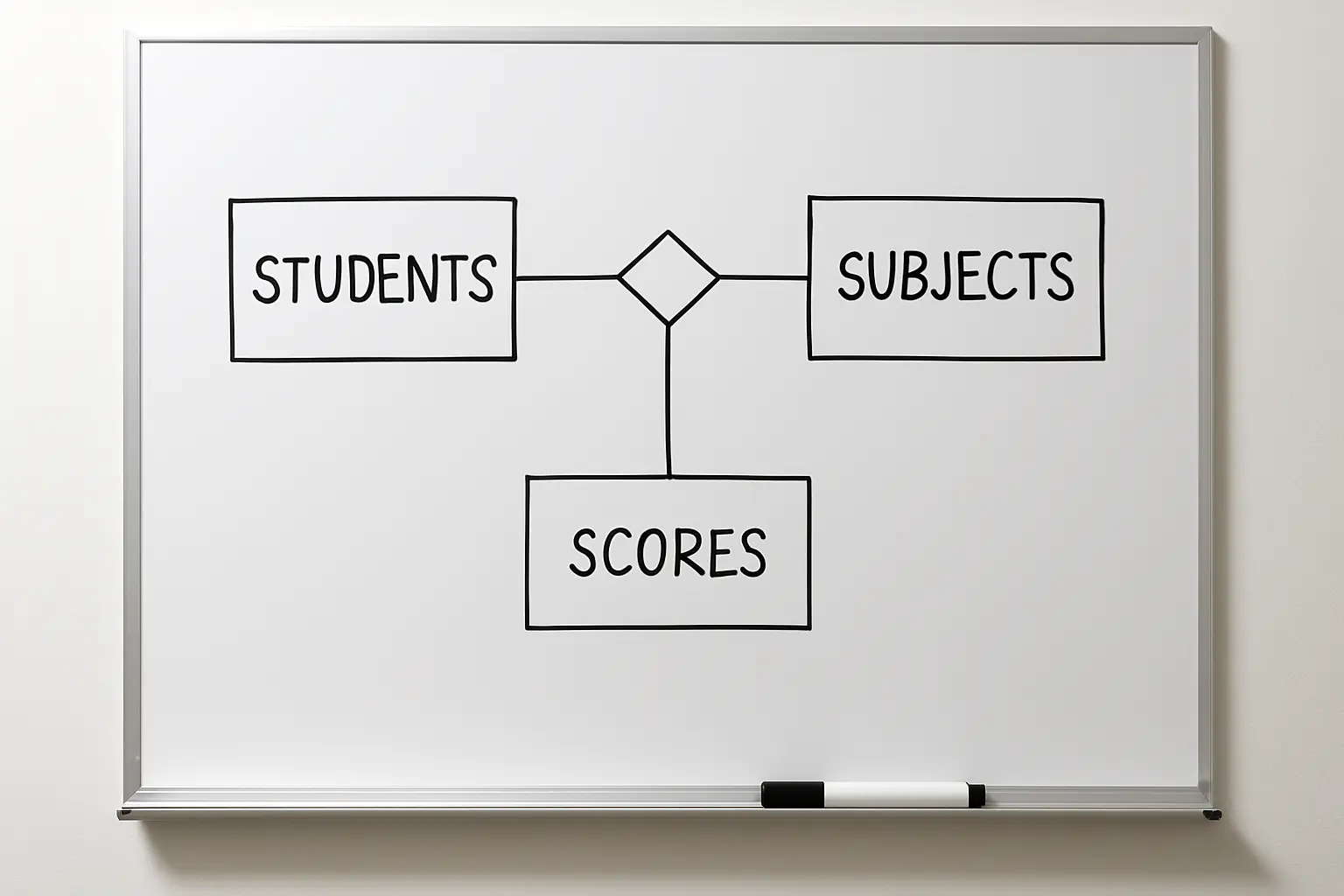 A hand-drawn entity-relationship diagram on a whiteboard for a school result system