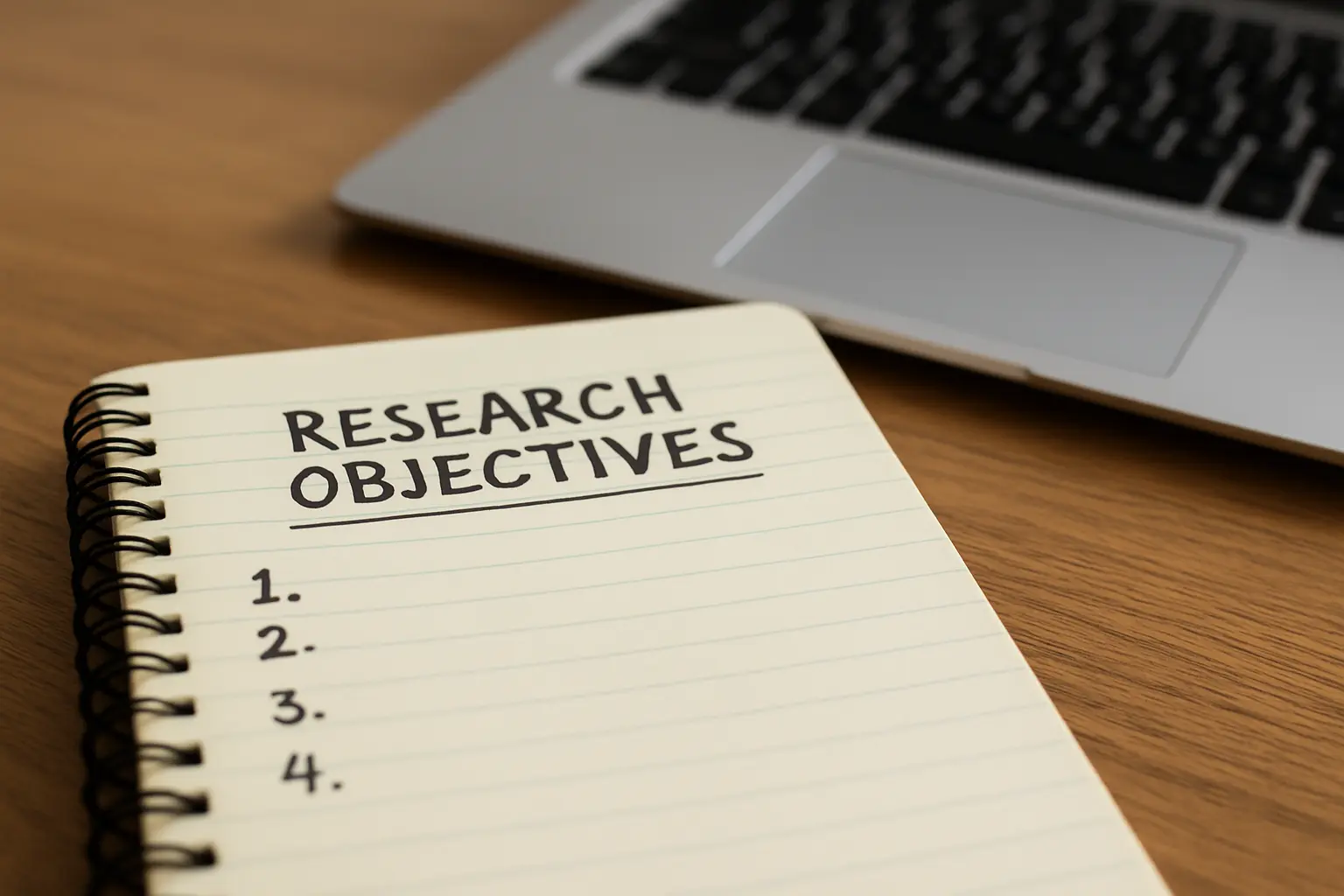 A close-up of handwritten research objectives numbered 1-4 in a notebook next to a laptop