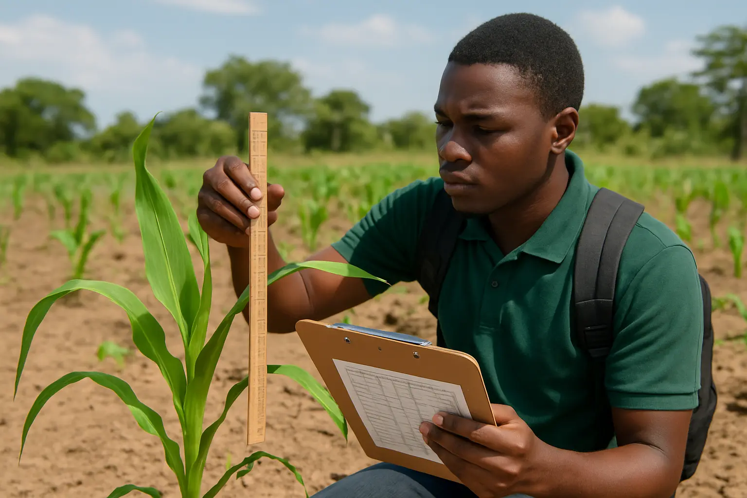 Student measuring plant height and recording data in an agriculture field trial