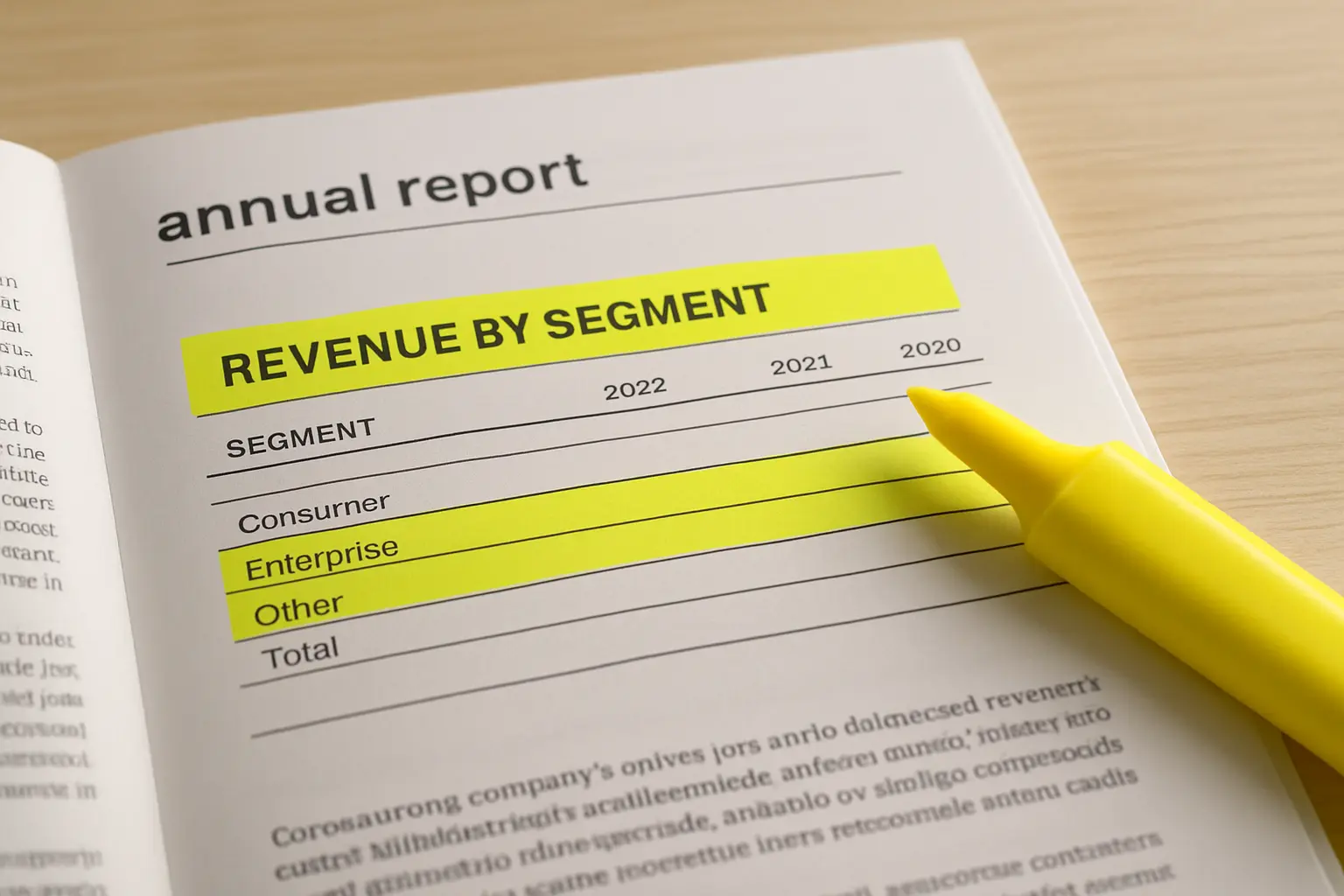 A close-up of an open company annual report with a revenue-by-segment table highlighted