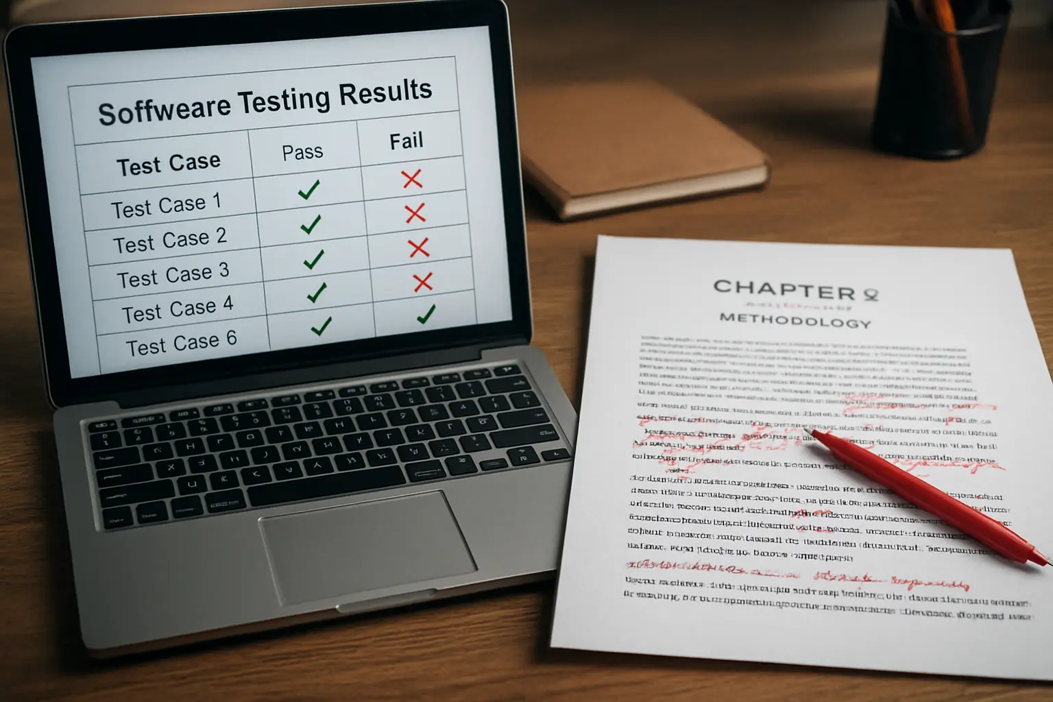 Laptop screen showing a software testing results table alongside a printed thesis chapter draft