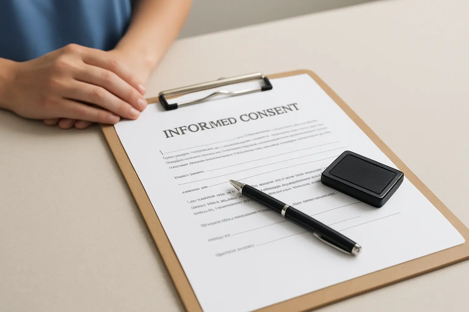 Informed consent form on a clipboard with a pen in a clinical setting