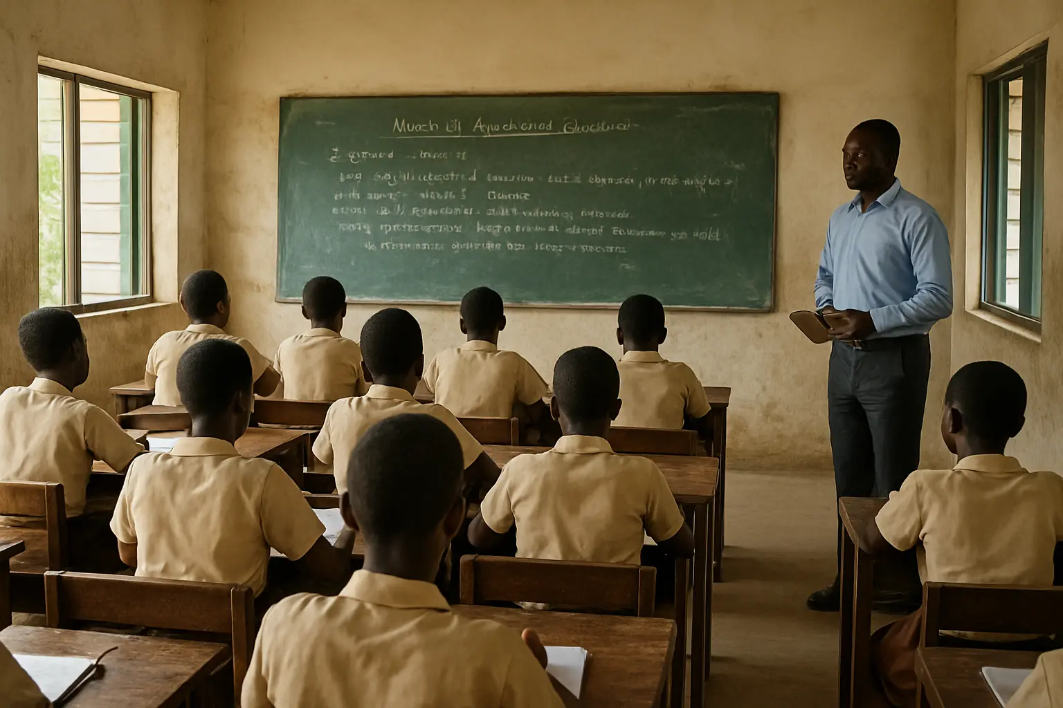 A researcher observing a Nigerian secondary school classroom with a clipboard
