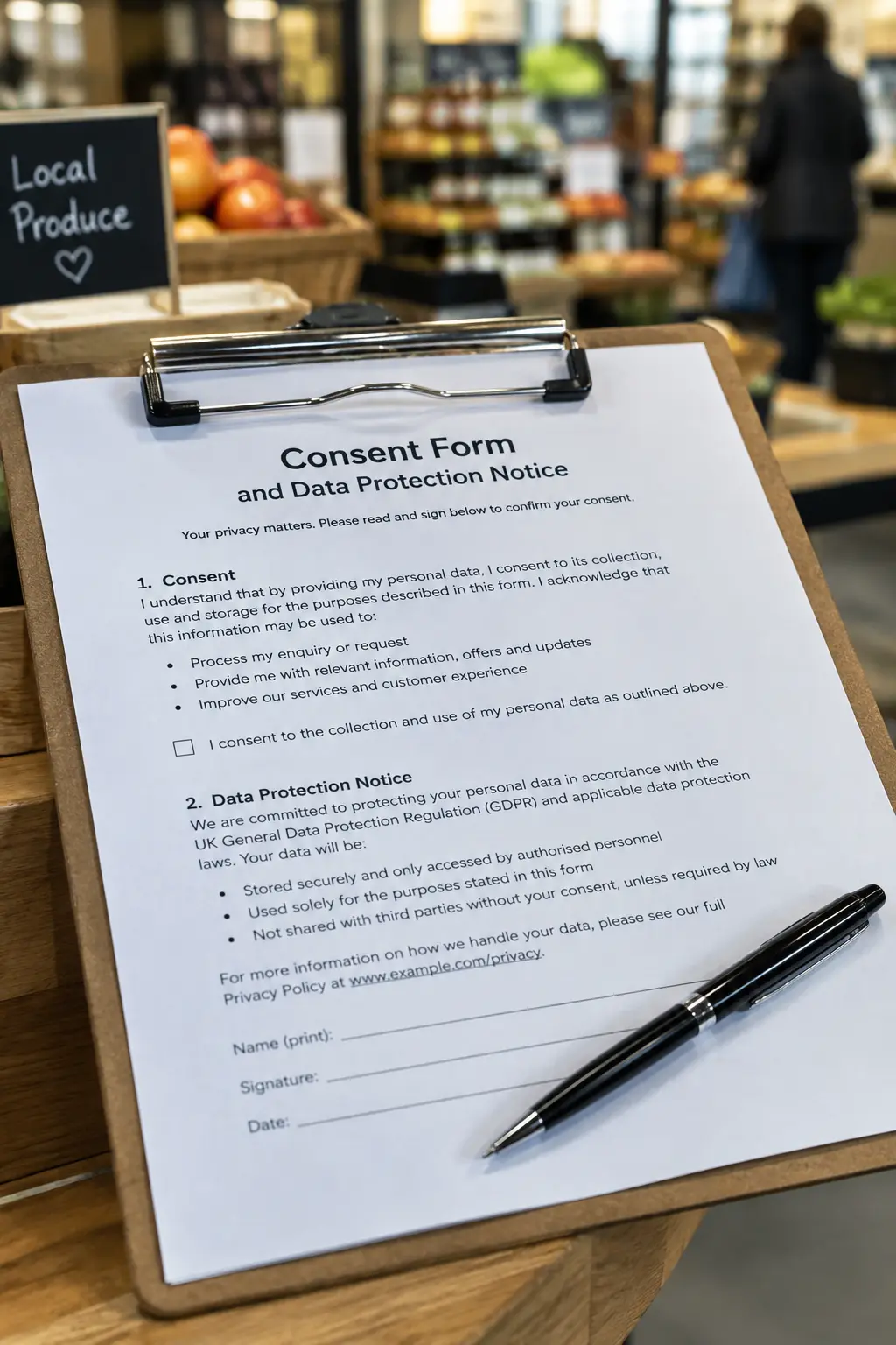 A printed consent and data protection notice for a customer survey in a marketing project