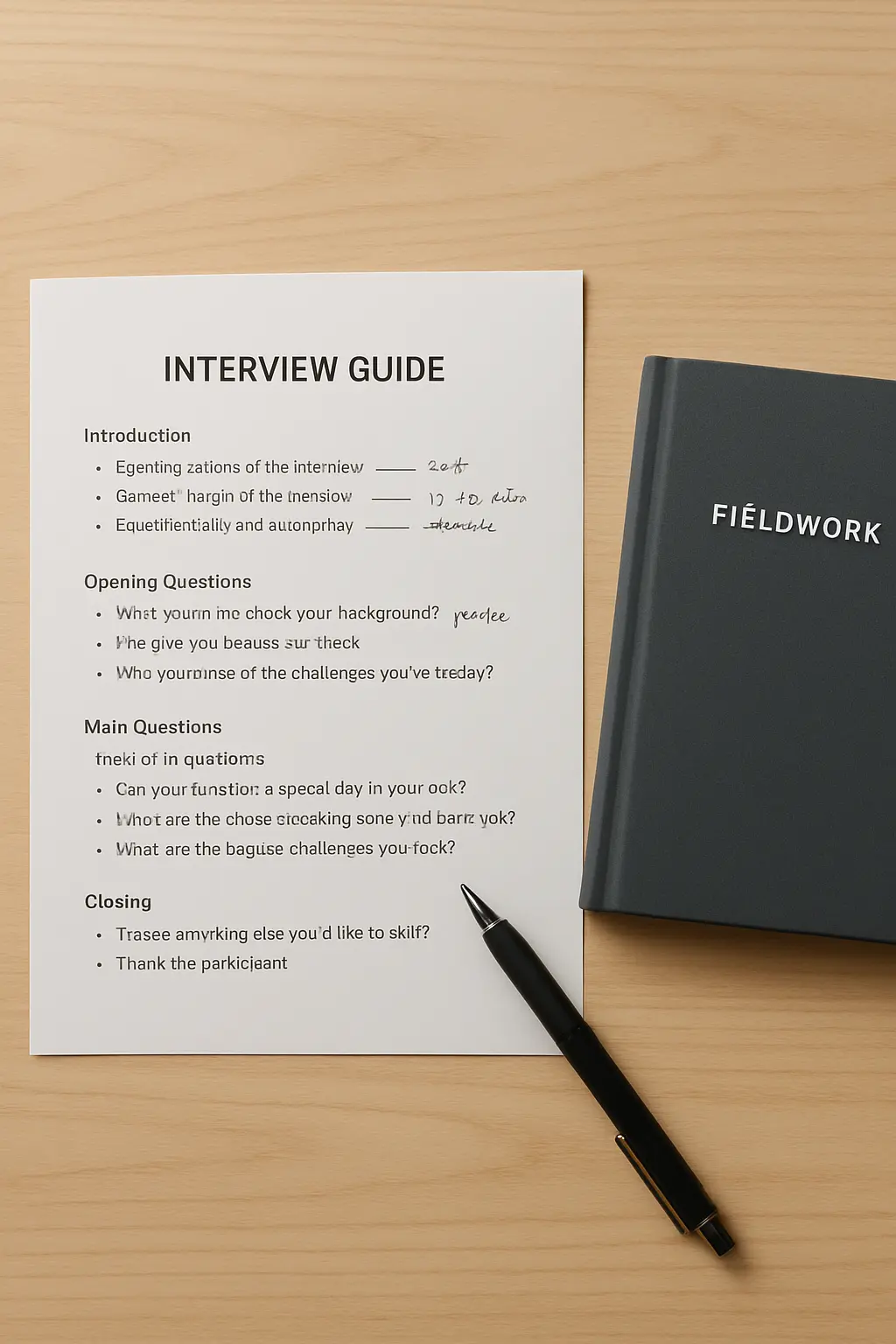 A printed interview guide with handwritten pilot-test annotations on a desk