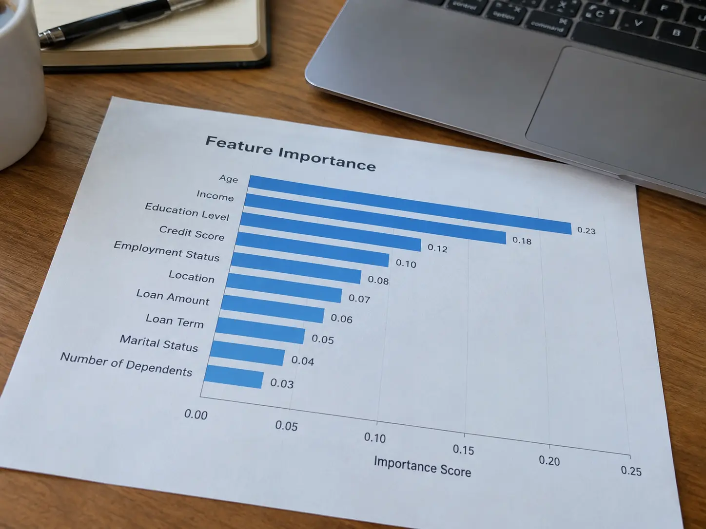 A printed bar chart ranking feature importance scores for a machine learning model