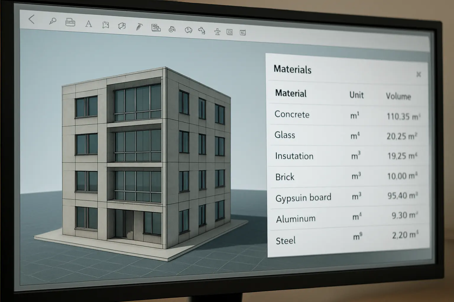 3D building information model on a computer screen with material and structural data panels visible