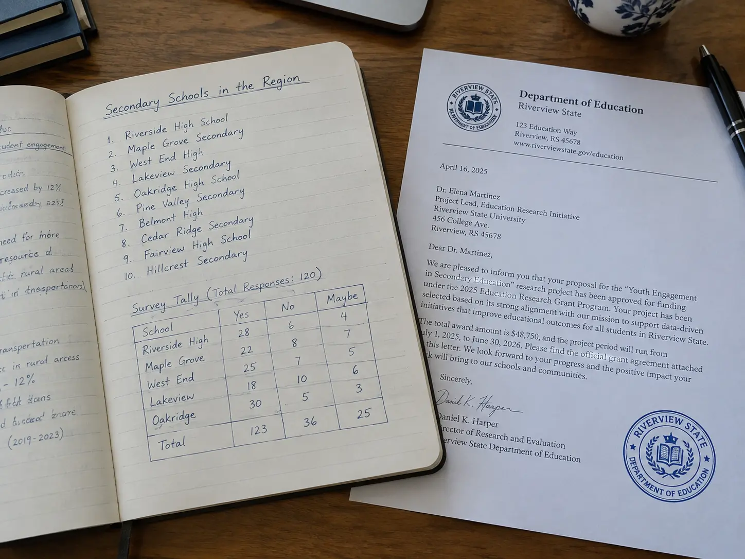 A notebook listing schools with a tally table for a research population