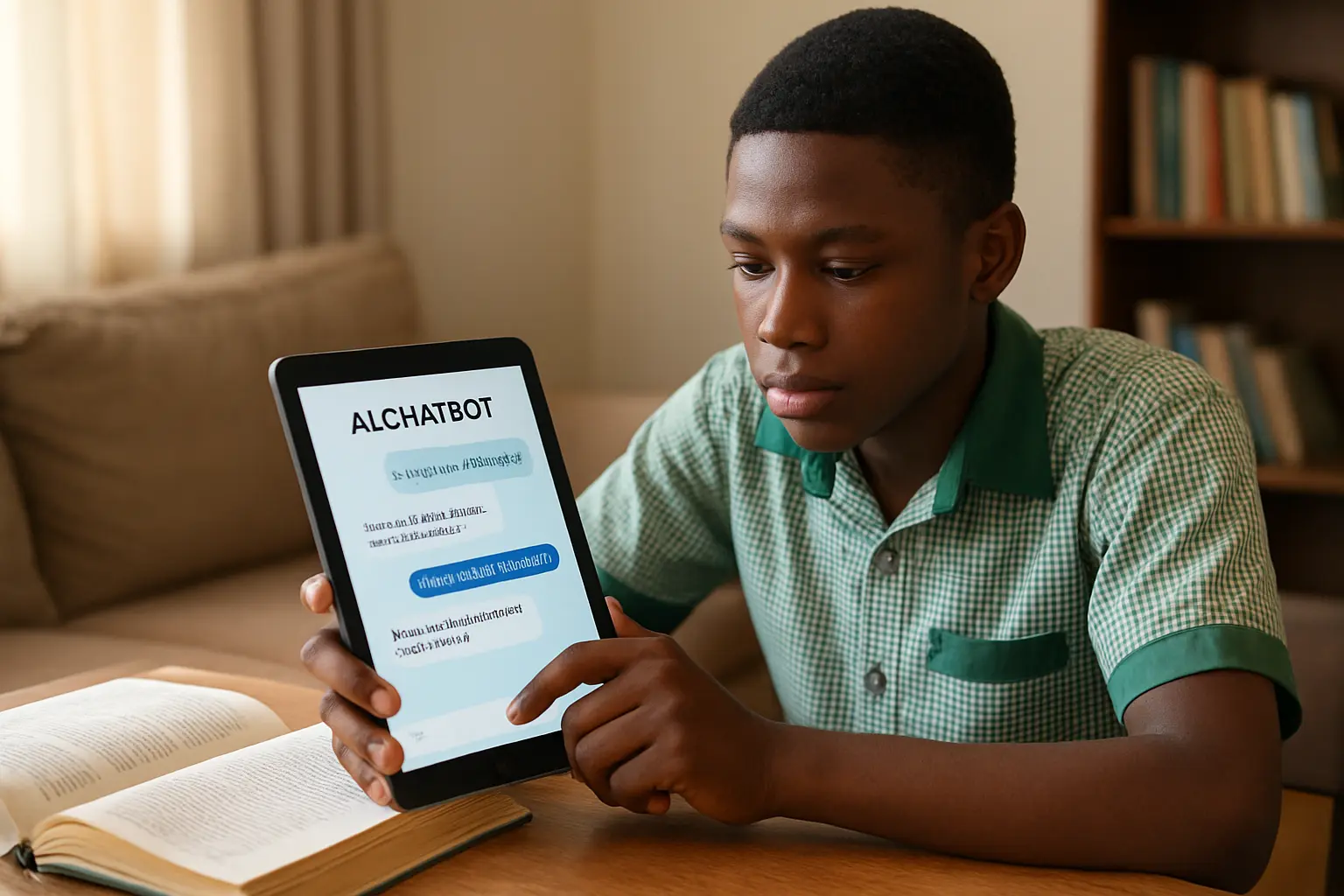 Student using an AI chatbot on a tablet to help with homework at home