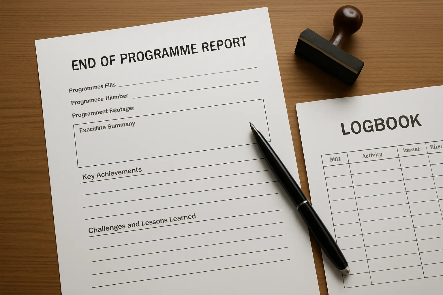 Completed official industrial training end of programme report form with a company stamp