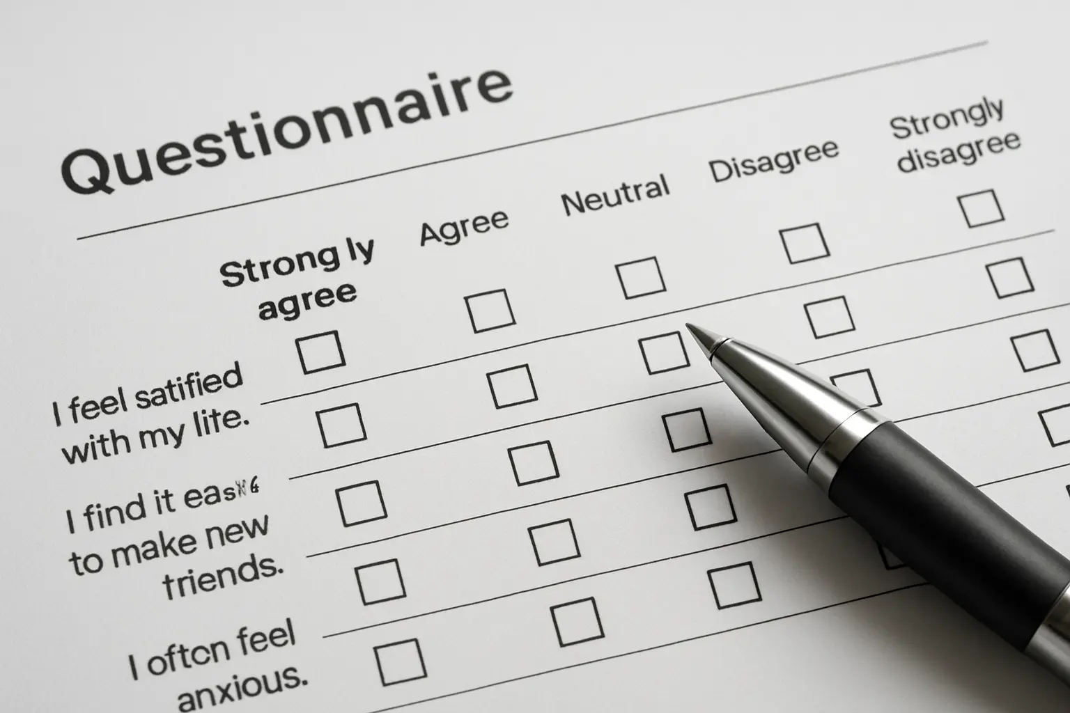 Close-up of a validated psychology scale questionnaire with Likert response options