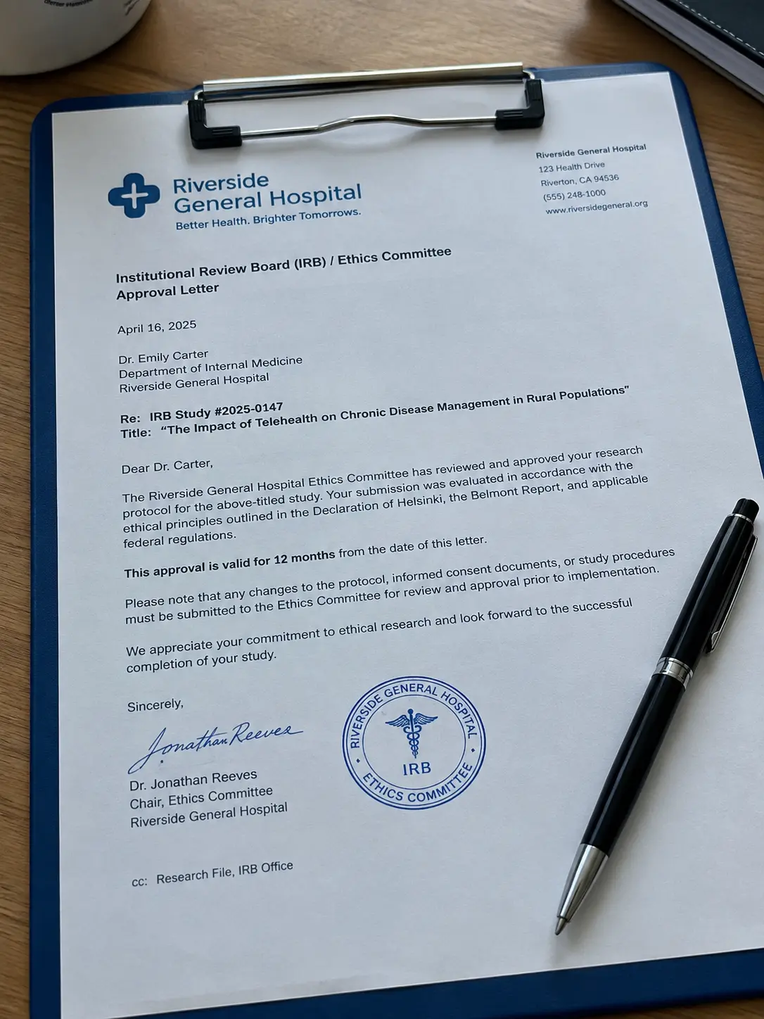 A signed and stamped hospital ethics committee approval letter