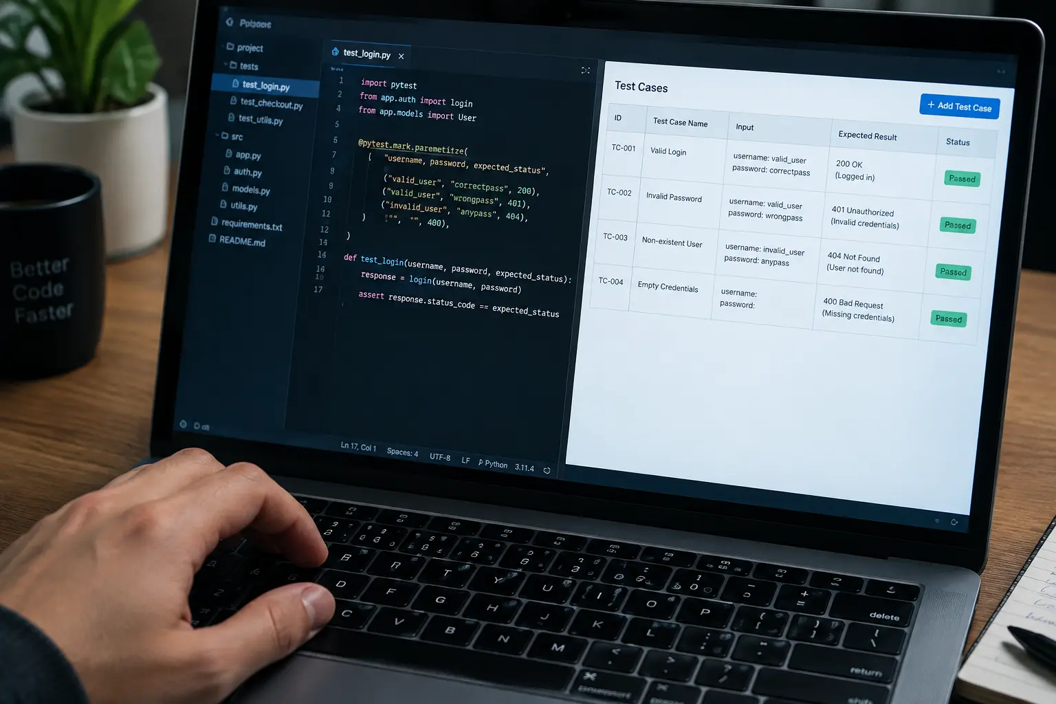 A laptop screen showing a code editor and a software test case table