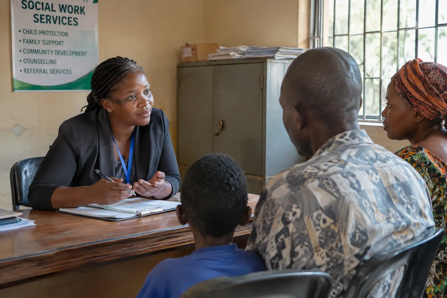 A social worker speaking with a client family in a community office in Nigeria