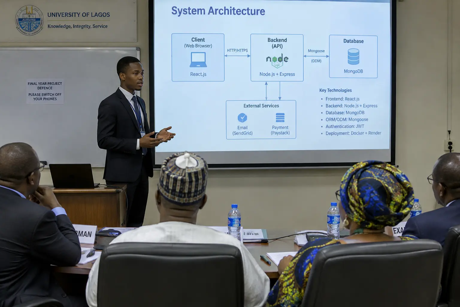 Computer science student presenting a final year project system to an examination panel