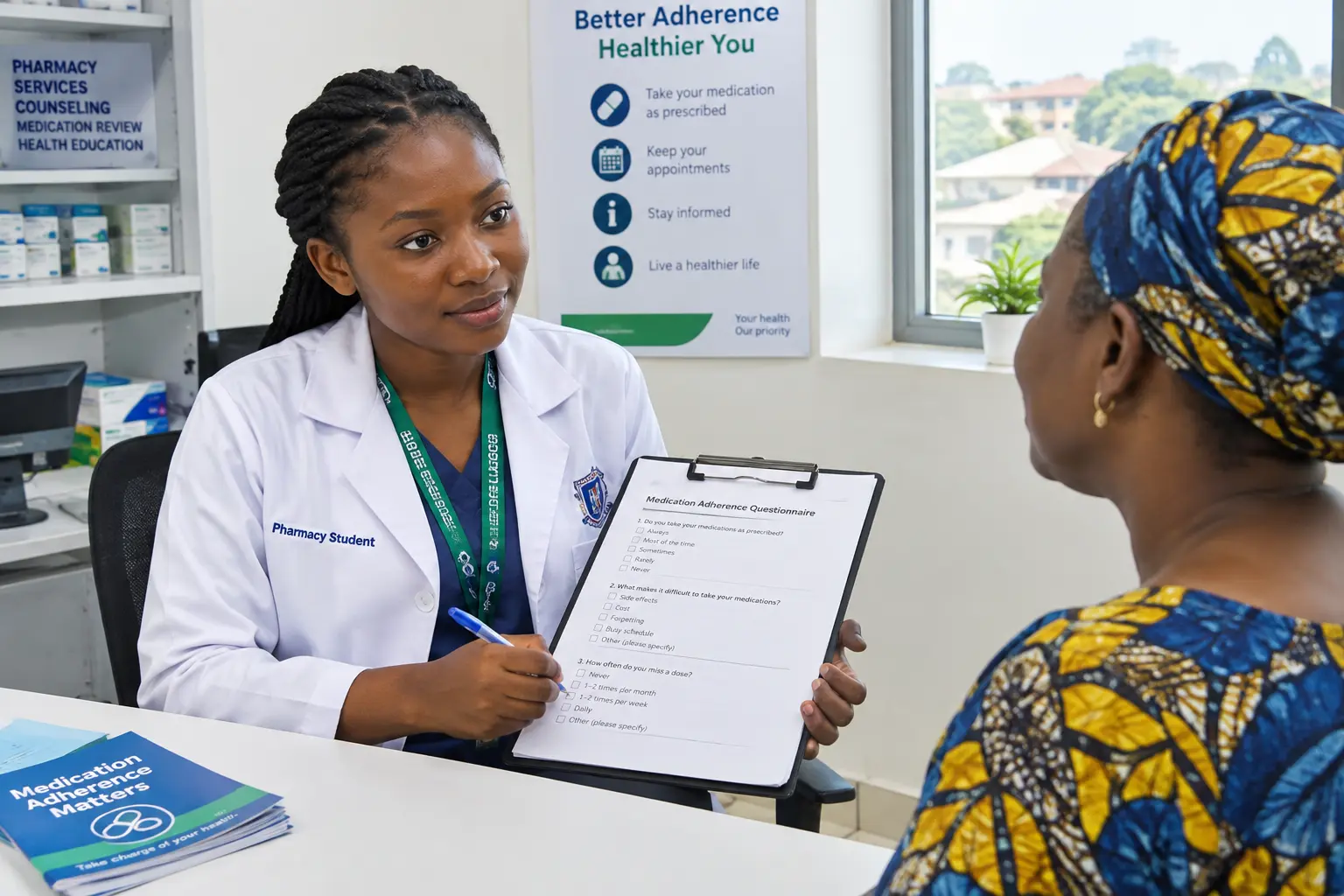 Pharmacy student interviewing a patient about medication adherence for a final year project