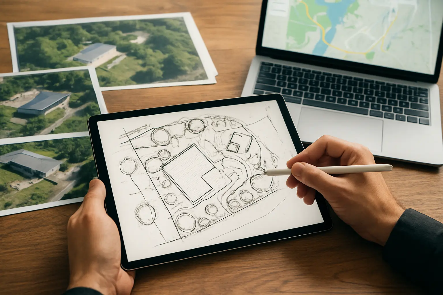 Architecture student sketching a site plan concept on a tablet next to printed site photographs