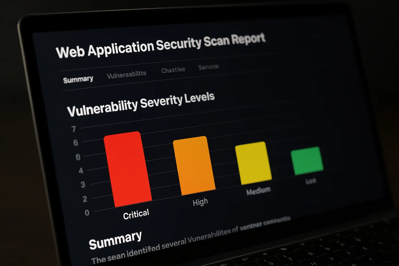 A laptop screen showing a web application vulnerability scan report with severity levels