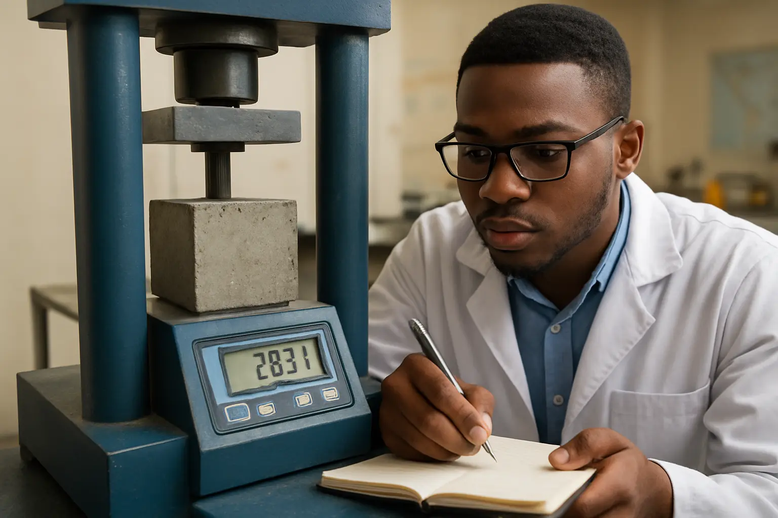 Student recording a concrete cube crushing test result from a lab machine