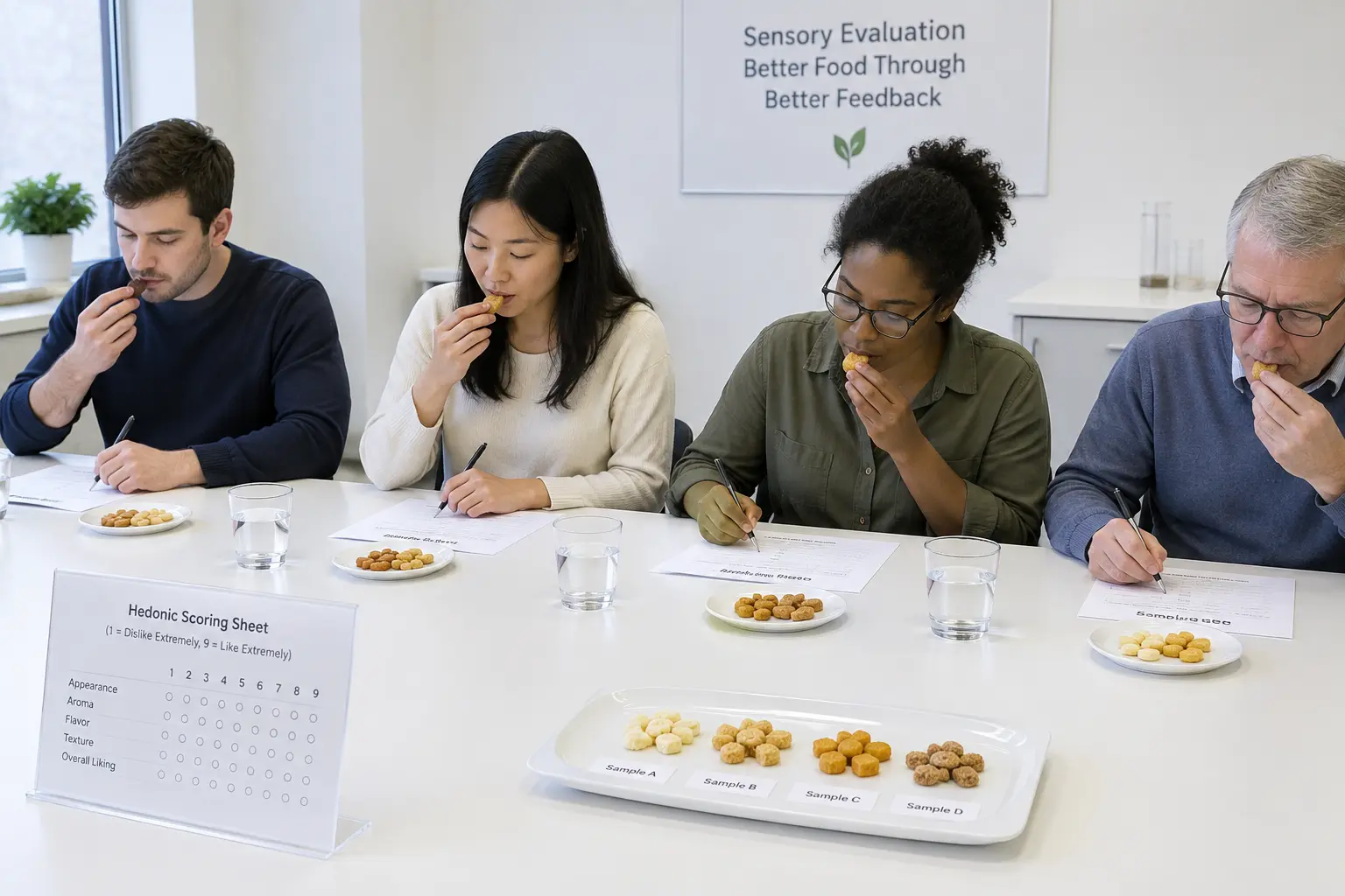 Sensory evaluation panel scoring a food sample on a hedonic scale for a food science project