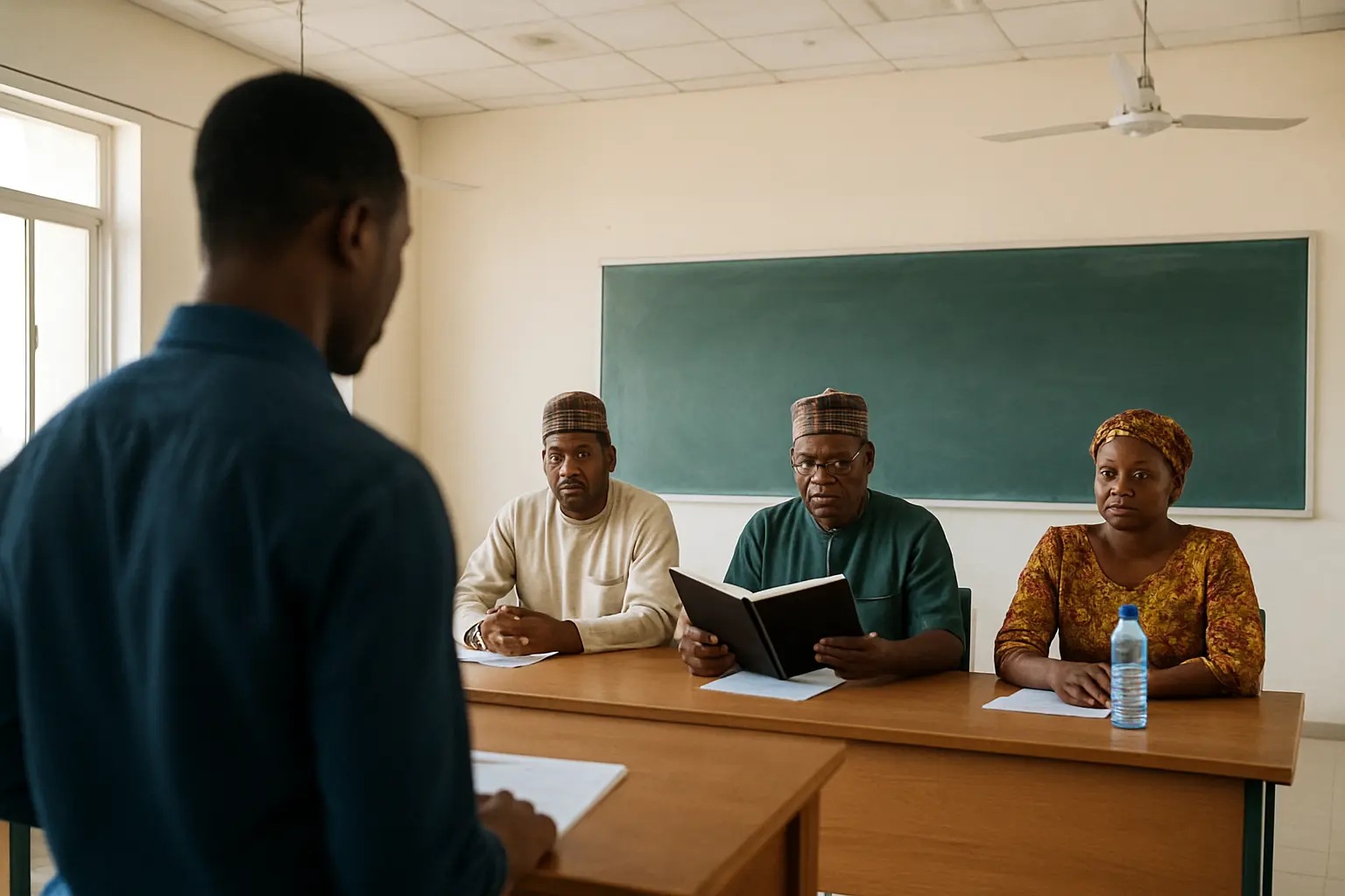 A Nigerian project defence panel reading the opening chapter of a bound final year project