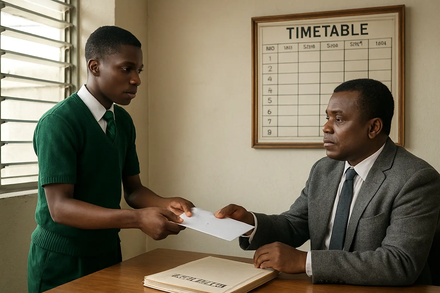 A student delivering a letter of introduction to a secondary school principal