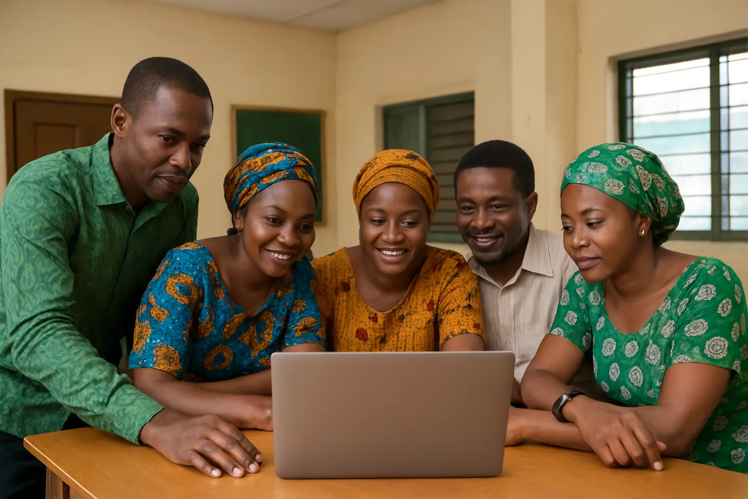 Nigerian secondary school teachers reviewing AI tools together during a staff training session