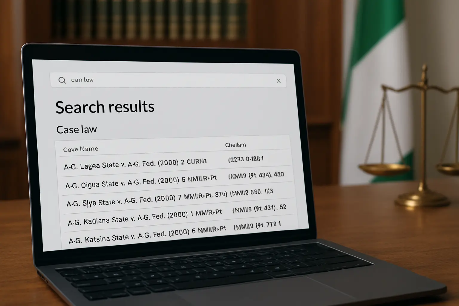 Laptop screen showing a legal research database search results page for case citations