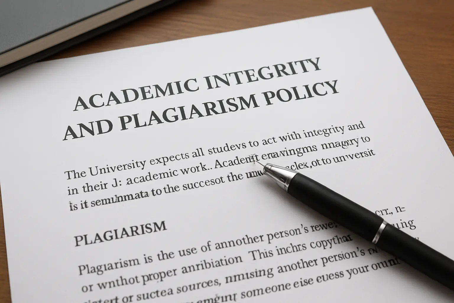 Printed academic integrity and plagiarism policy document on a Nigerian university desk