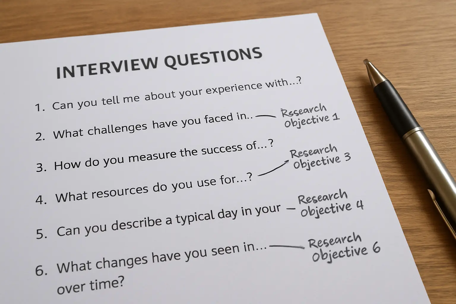 Nigerian education researcher preparing an interview guide with a printed question list on a desk