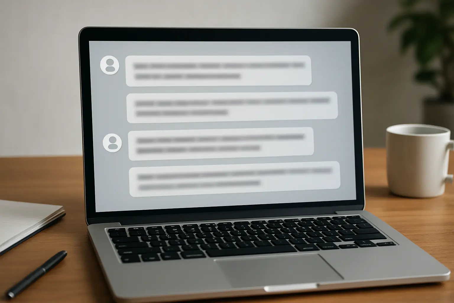 A laptop chat window with company financial data blurred and redacted out, illustrating confidentiality practice