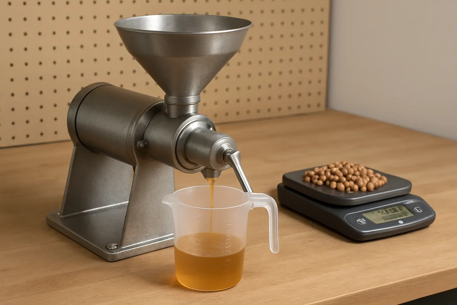 A finished groundnut oil expeller prototype being tested with oil collected in a measuring jug
